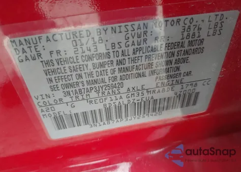 2018 Nissan Sentra Sv from USA, damaged, VIN 3N1AB7AP3JY259420